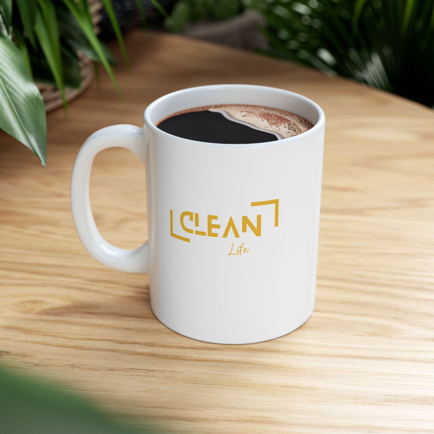 "Clean Life" White/Gold Ceramic Mug, (11oz, 15oz)