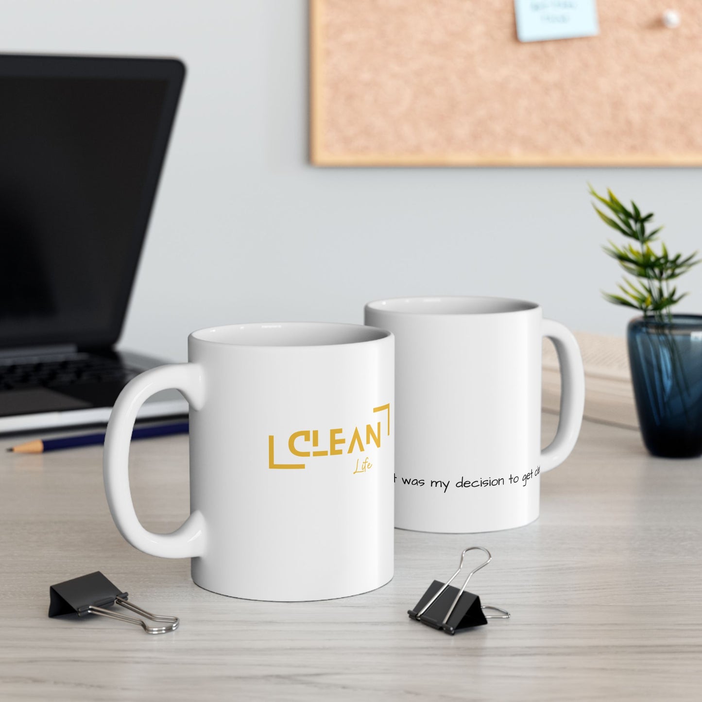 "Clean Life" White/Gold Ceramic Mug, (11oz, 15oz)