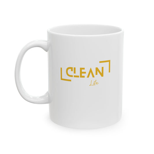 "Clean Life" White/Gold Ceramic Mug, (11oz, 15oz)